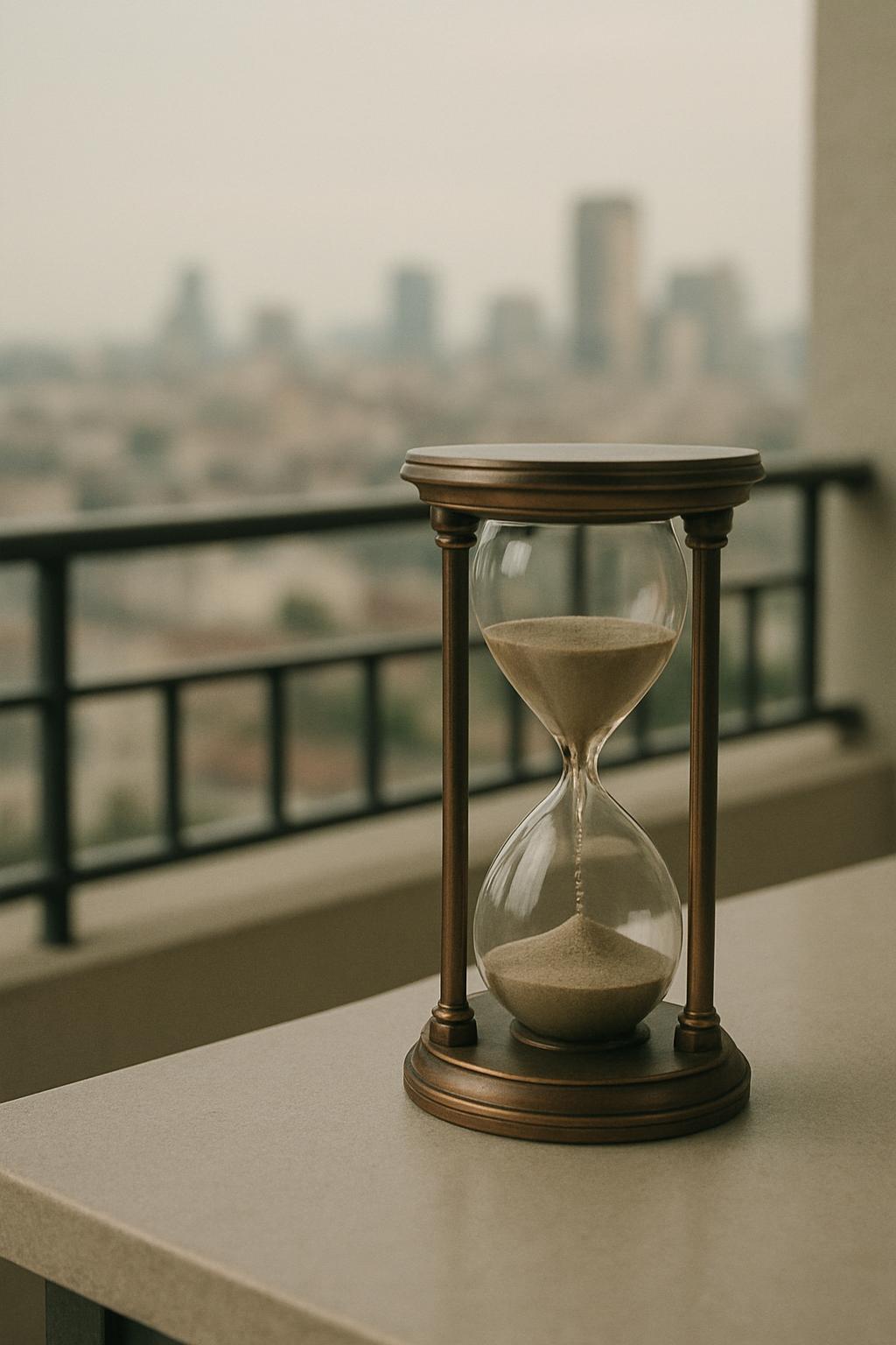 An hourglass with sand running through it, sitting on a balcony railing overlooking a hazy cityscape.
