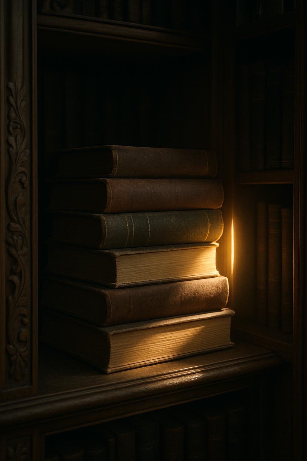A stack of antique books sits on a shelf illuminated by a small light, inviting an escape into the realm of knowledge and ...