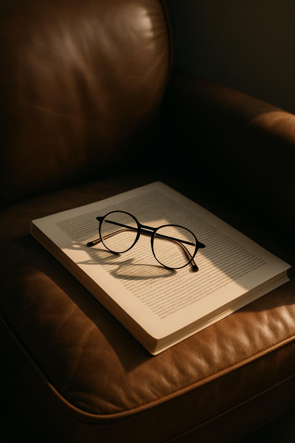A pair of glasses is lying on an open book. The image features old, leather armchair in the background.