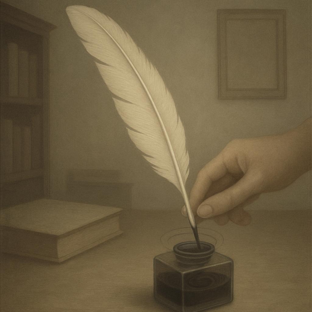 A hand grasps a long, feathery writing instrument that is stuck in a glass bottle containing dark ink, seemingly prepared ...