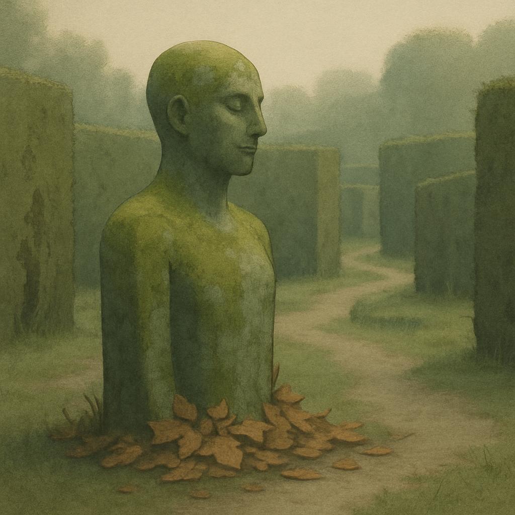 The statue stands tall amidst a tranquil park setting, its moss-covered surface blending harmoniously with the surrounding...