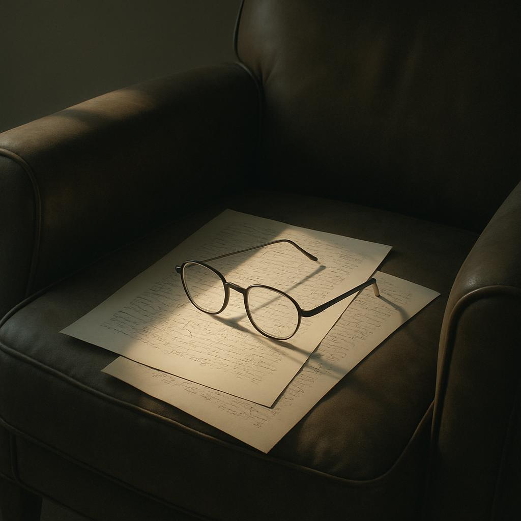 A pair of glasses rests on a paper with writing, placed on a dark leather chair illuminated by a diagonal sliver of light.