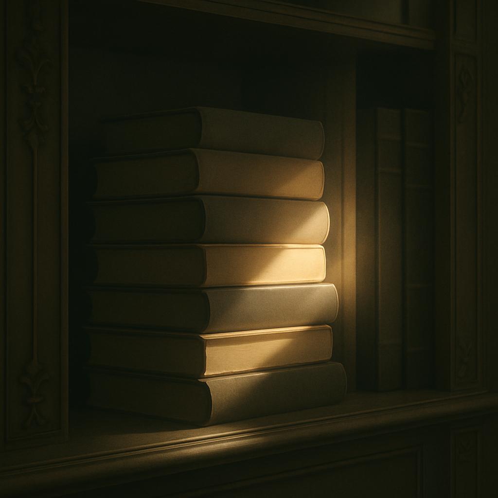 A stack of books with faint, light, and bookshelf, in a sepia color theme.