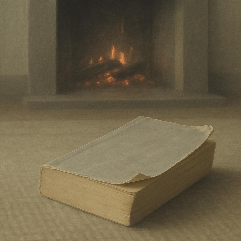 A sepia-toned photograph of a weathered book lies in front of a roaring fire, capturing a moment of quiet contemplation.