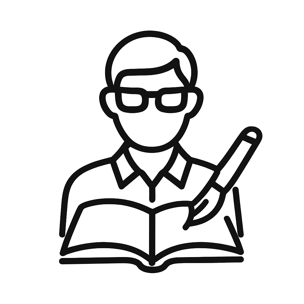A simple line drawing of a man reading a book. The man has short hair and glasses, dark skin, and is wearing a collared sh...